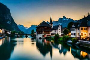 a lindo Cidade do Hallstatt, Suíça. gerado por IA foto