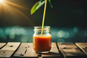 uma vidro jarra com laranja suco em uma de madeira mesa. gerado por IA foto