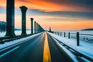 uma grandes estrada com pilares dentro a neve. gerado por IA foto