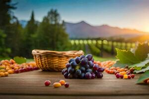 uvas e uvas em uma mesa com uma cesta do uvas. gerado por IA foto