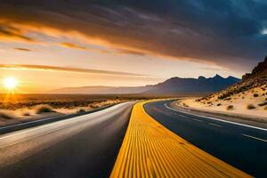 uma estrada dentro a deserto com a Sol contexto. gerado por IA foto