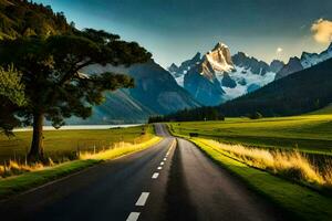 uma estrada dentro a montanhas com uma árvore e grama. gerado por IA foto