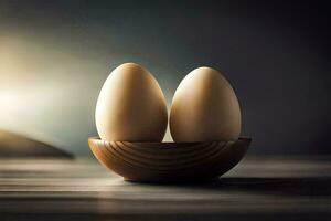 dois ovos dentro uma tigela em uma mesa. gerado por IA foto