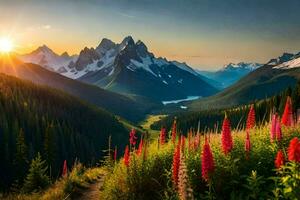 a Sol sobe sobre a montanhas e flores dentro a primeiro plano. gerado por IA foto