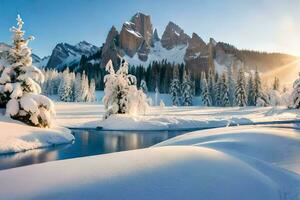 neve coberto árvores e montanhas dentro a Sol. gerado por IA foto