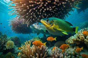 uma peixe nada sobre uma coral recife com a anêmona. gerado por IA foto
