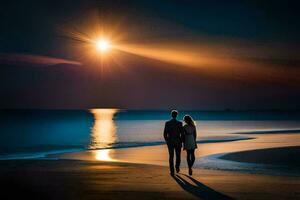 a casal é caminhando em a de praia às noite. gerado por IA foto