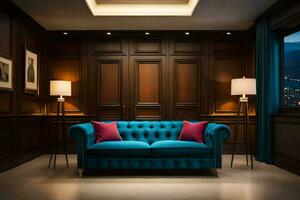 uma azul sofá senta dentro uma quarto com de madeira paredes e uma de madeira teto. gerado por IA foto