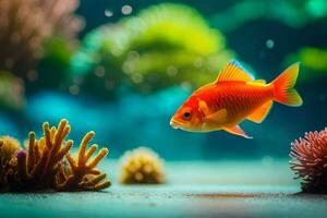 uma peixe natação dentro a aquário com coral e anêmonas. gerado por IA foto