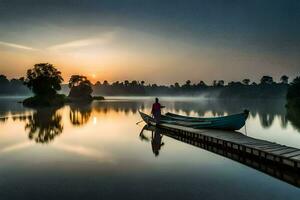 uma homem é em pé em uma doca dentro a meio do uma lago às nascer do sol. gerado por IA foto