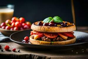 uma Hamburger com tomates e queijo em uma placa. gerado por IA foto