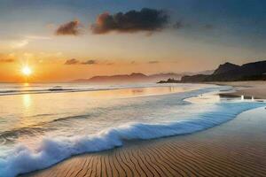 a Sol conjuntos sobre a oceano e ondas em a de praia. gerado por IA foto