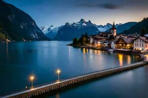 a Cidade do Hallstatt, Áustria, às crepúsculo. gerado por IA foto