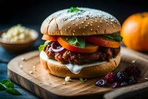 uma Hamburger com legumes e uma fatia do queijo. gerado por IA foto