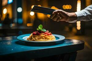uma garçom segurando uma crédito cartão sobre uma prato do espaguete. gerado por IA foto