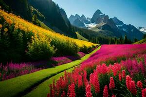 uma lindo campo do flores e montanhas. gerado por IA foto