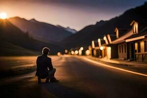 uma homem sentado em a lado do a estrada às pôr do sol. gerado por IA foto