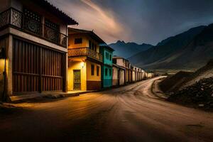 uma rua dentro a montanhas às noite. gerado por IA foto