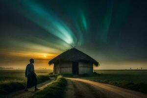 uma homem anda em para uma cabana debaixo a aurora luzes. gerado por IA foto