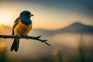 uma azul e amarelo pássaro senta em uma ramo dentro frente do uma montanha. gerado por IA foto