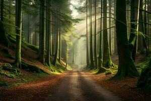 uma estrada dentro a meio do uma floresta com árvores gerado por IA foto