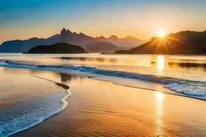 a Sol sobe sobre a oceano e montanhas dentro brasil. gerado por IA foto