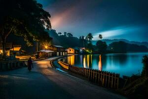 uma homem anda em baixa uma estrada às noite perto uma lago. gerado por IA foto
