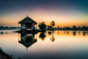 uma pequeno cabana senta em a costa do uma lago às pôr do sol. gerado por IA foto