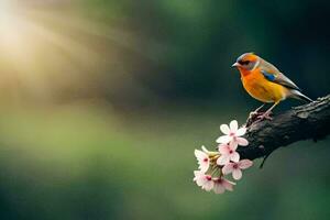 uma pássaro senta em uma ramo com flores dentro a fundo. gerado por IA foto