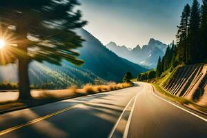 uma estrada dentro a montanhas com a Sol brilhando. gerado por IA foto