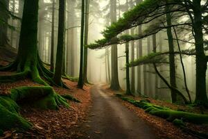 uma caminho através uma floresta com musgoso árvores gerado por IA foto