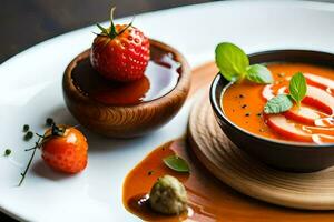 uma tigela do sopa com morangos e uma colher. gerado por IA foto