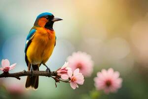 uma colorida pássaro senta em uma ramo com Rosa flores gerado por IA foto