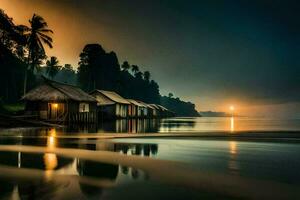 uma de praia com cabanas às pôr do sol. gerado por IA foto