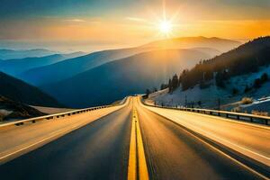 a Sol é configuração sobre uma rodovia dentro a montanhas. gerado por IA foto