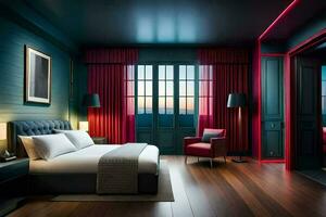 uma hotel quarto com uma cama, cadeira e vermelho sotaque iluminação. gerado por IA foto