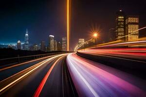 uma grandes exposição fotografia do uma cidade Horizonte às noite. gerado por IA foto