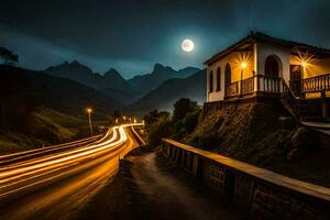 uma casa e montanha dentro a noite. gerado por IA foto