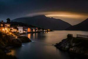 uma Cidade em a costa do uma lago às noite. gerado por IA foto