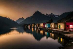 colorida casas em a costa do uma lago às pôr do sol. gerado por IA foto