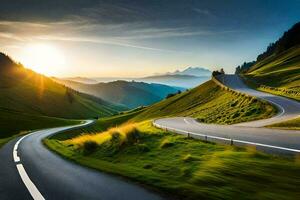 uma enrolamento estrada dentro a montanhas com a Sol contexto. gerado por IA foto