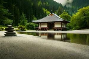 uma japonês pagode senta dentro a meio do uma floresta. gerado por IA foto