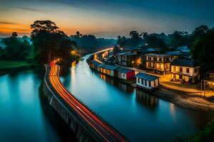 uma rio às crepúsculo com uma ponte e casas. gerado por IA foto