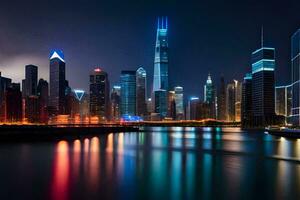 a cidade Horizonte às noite com luzes refletindo fora a água. gerado por IA foto