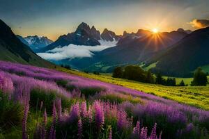 a Sol sobe sobre a montanhas e roxa flores dentro a primeiro plano. gerado por IA foto