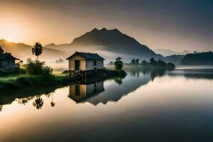 uma pequeno casa senta em a costa do uma lago às nascer do sol. gerado por IA foto