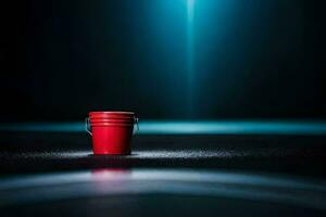 uma vermelho balde em uma Sombrio chão com uma Holofote. gerado por IA foto