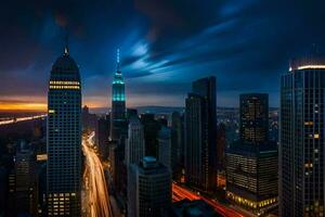 a cidade Horizonte às noite com uma grandes exposição. gerado por IA foto