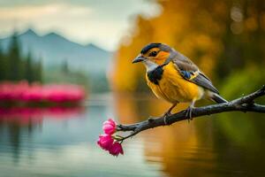 uma pássaro sentado em uma ramo perto uma lago. gerado por IA foto