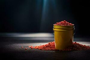 uma balde preenchidas com vermelho feijões em uma Sombrio superfície. gerado por IA foto